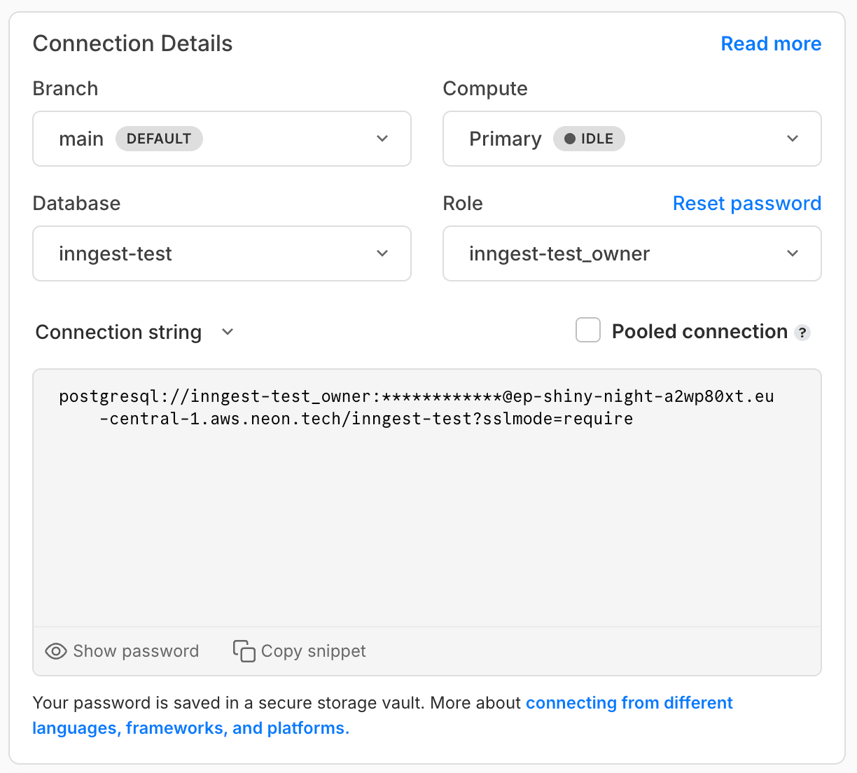 Connection details section on the Neon console dashboard